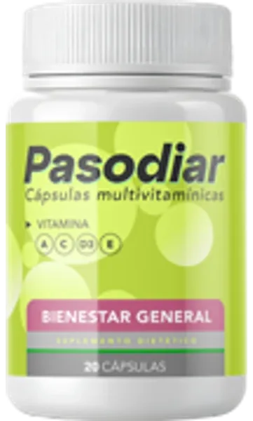 Bote de Pasodiar, cápsulas multivitamínicas con vitaminas A, C, D3 y E, 20 cápsulas